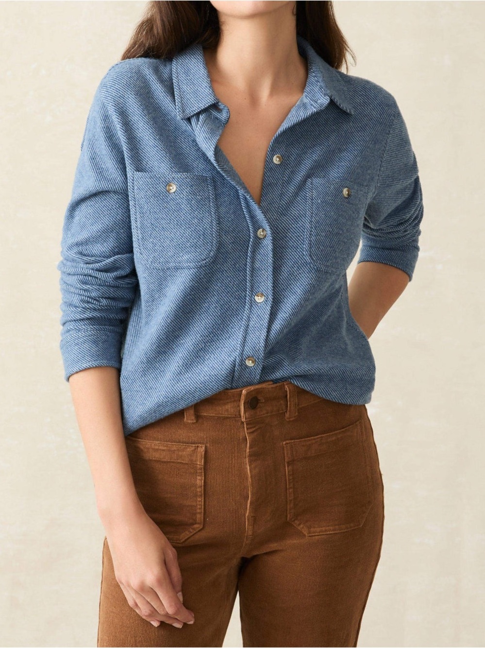 FAHERTY Legend Sweater Shirt in Glacier Blue Twill Size Medium
